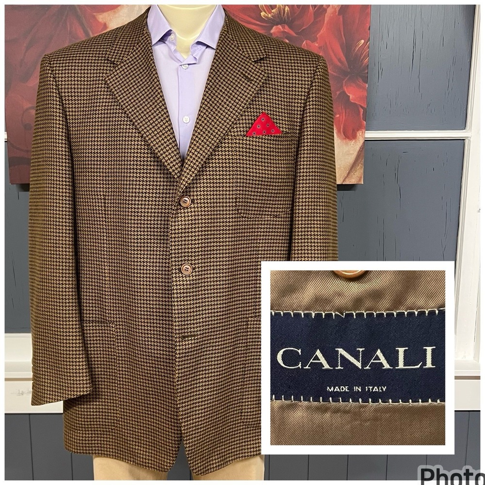 VTG Canali Knit Blazer Mens 48R Wool Ventless Brown/Buckskin Khaki Shoulder Pads